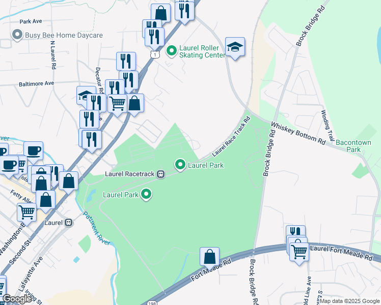 map of restaurants, bars, coffee shops, grocery stores, and more near 9994 Justify Run in North Laurel