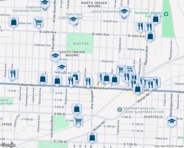 map of restaurants, bars, coffee shops, grocery stores, and more near 501 Hardesty Avenue in Kansas City