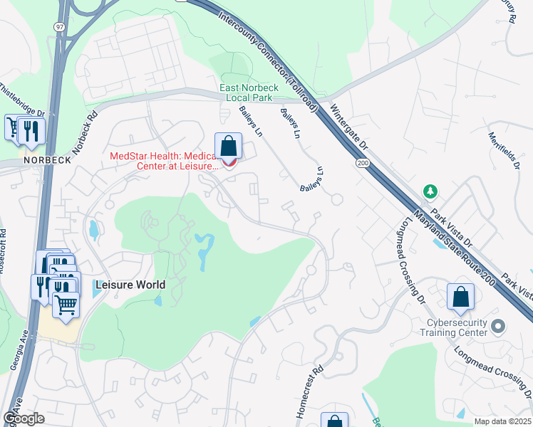 map of restaurants, bars, coffee shops, grocery stores, and more near 15301 Pine Orchard Drive in Silver Spring