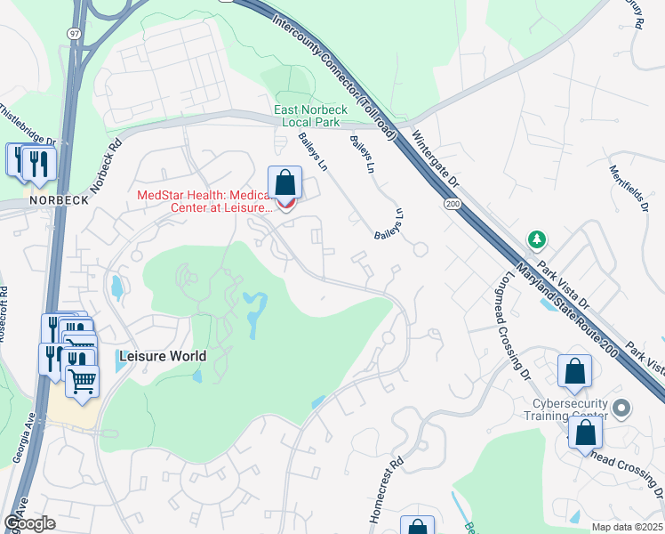 map of restaurants, bars, coffee shops, grocery stores, and more near 15301 Pine Orchard Drive in Silver Spring