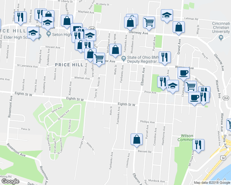 map of restaurants, bars, coffee shops, grocery stores, and more near 830 Wells Street in Cincinnati