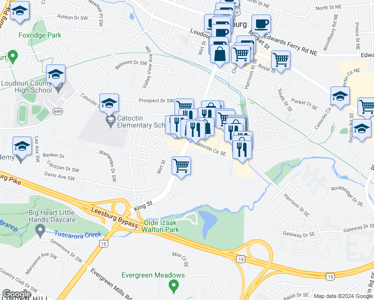 map of restaurants, bars, coffee shops, grocery stores, and more near 7 East First Street Southeast in Leesburg