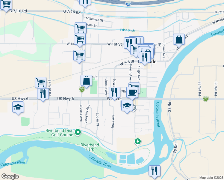 map of restaurants, bars, coffee shops, grocery stores, and more near 711 lowa Avenue in Palisade