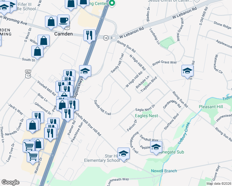 map of restaurants, bars, coffee shops, grocery stores, and more near 128 Nomad Trail in Kent County