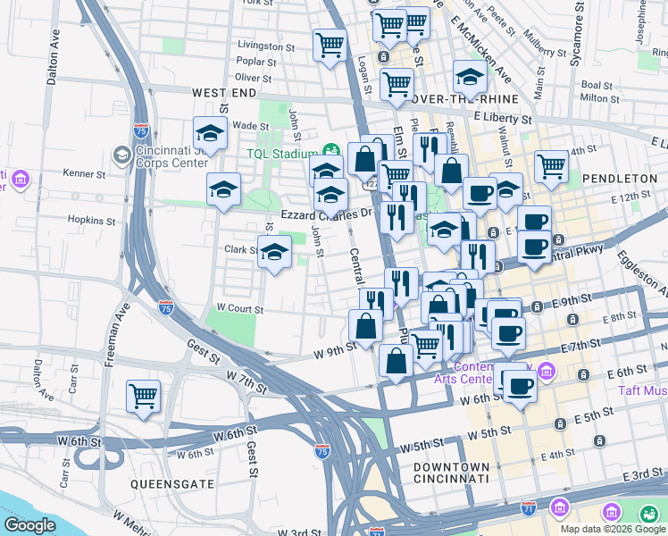 map of restaurants, bars, coffee shops, grocery stores, and more near 428 Elizabeth Street in Cincinnati