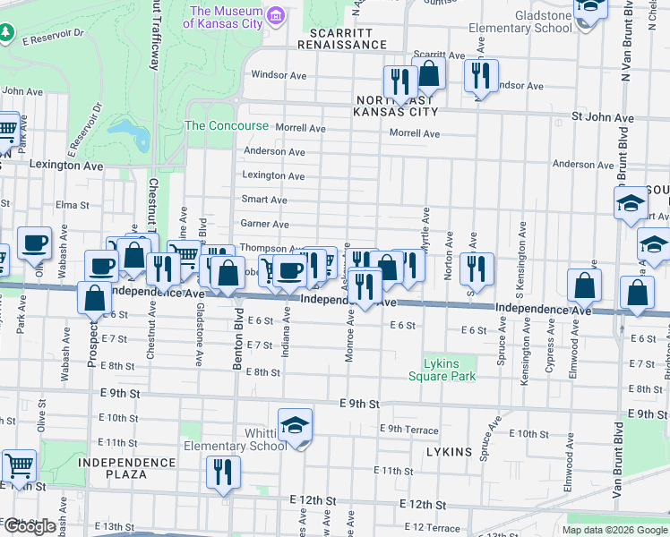 map of restaurants, bars, coffee shops, grocery stores, and more near 524 Askew Avenue in Kansas City