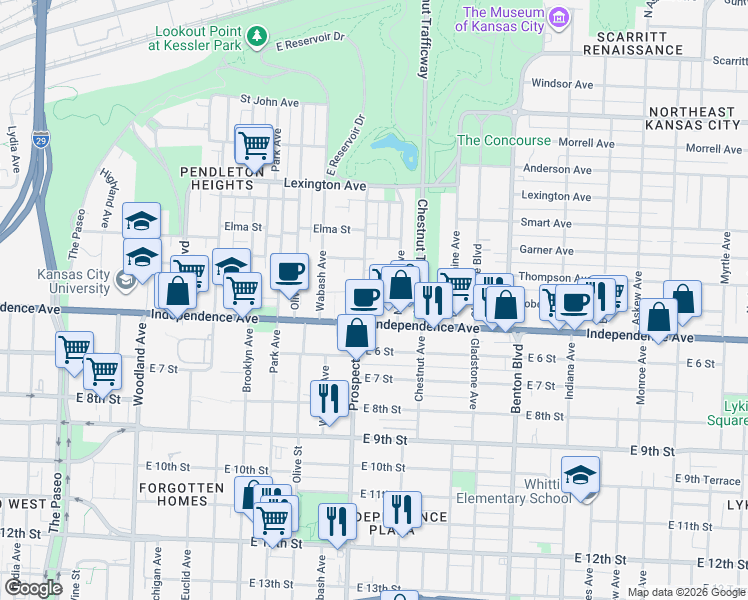 map of restaurants, bars, coffee shops, grocery stores, and more near 617 Prospect Avenue in Kansas City