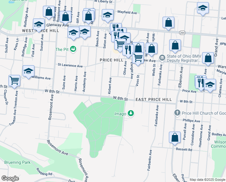 map of restaurants, bars, coffee shops, grocery stores, and more near 3700-3798 W 8th St in Cincinnati