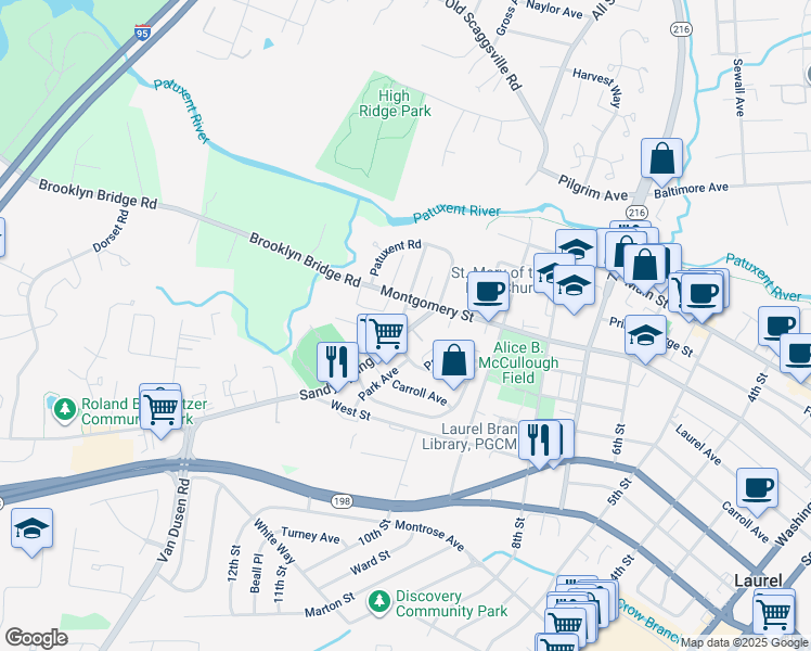 map of restaurants, bars, coffee shops, grocery stores, and more near 403 Sandy Spring Road in Laurel