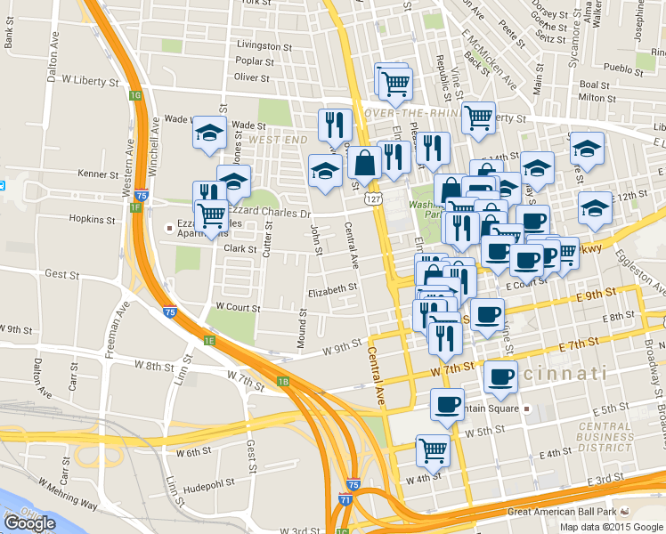 map of restaurants, bars, coffee shops, grocery stores, and more near 428 Elizabeth Street in Cincinnati