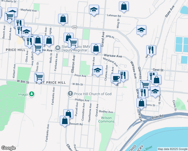 map of restaurants, bars, coffee shops, grocery stores, and more near 817 Hawthorne Avenue in Cincinnati