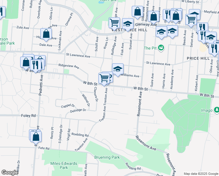 map of restaurants, bars, coffee shops, grocery stores, and more near 4161 Pleasure Drive in Cincinnati