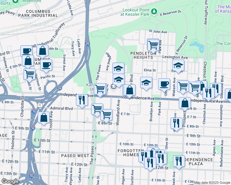 map of restaurants, bars, coffee shops, grocery stores, and more near 1750 Independence Avenue in Kansas City