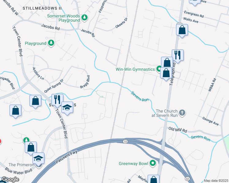 map of restaurants, bars, coffee shops, grocery stores, and more near 1508 Falling Brook Court in Odenton