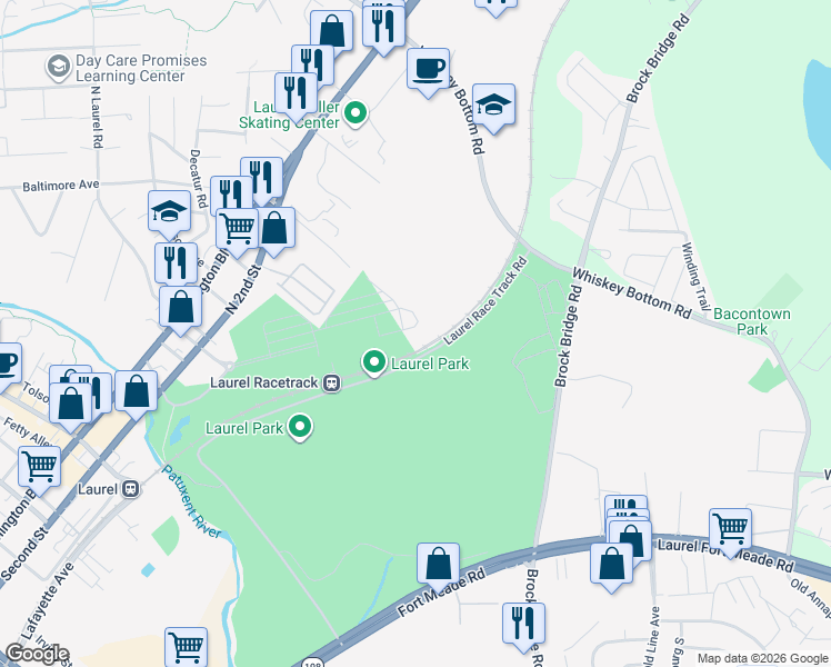 map of restaurants, bars, coffee shops, grocery stores, and more near 9964 -B Count Fleet Crescent in Laurel