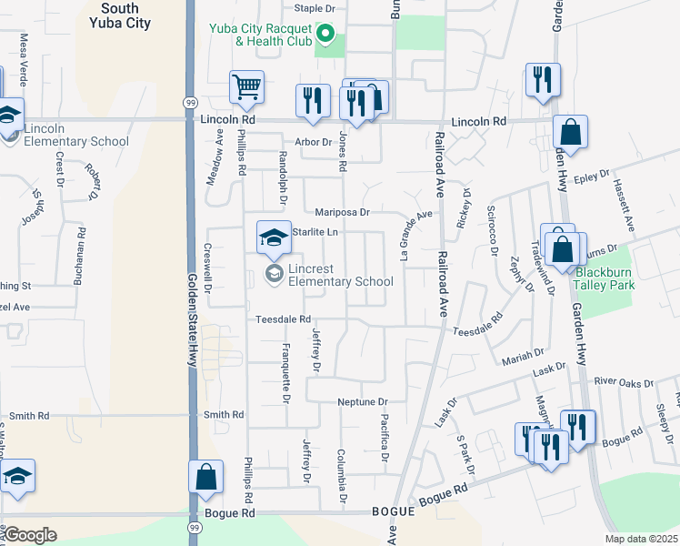 map of restaurants, bars, coffee shops, grocery stores, and more near 1401 Jones Road in Yuba City