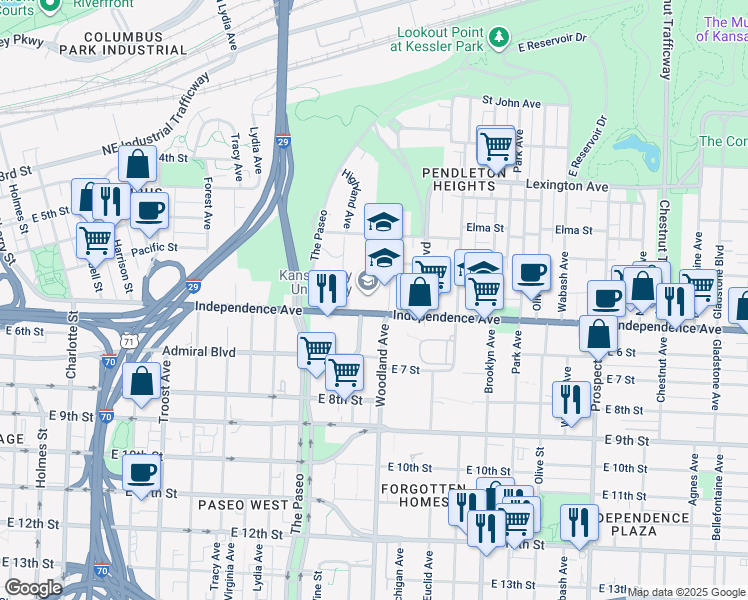 map of restaurants, bars, coffee shops, grocery stores, and more near 1750 Independence Avenue in Kansas City