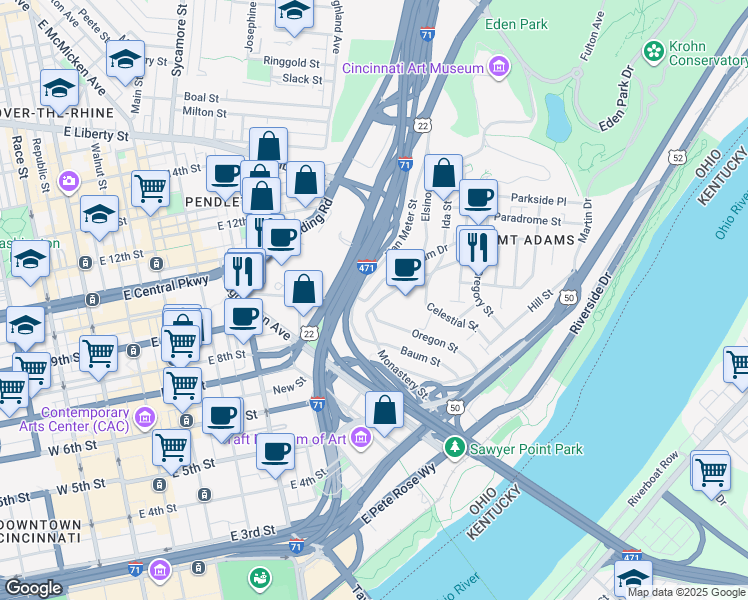 map of restaurants, bars, coffee shops, grocery stores, and more near 949 Monastery Street in Cincinnati