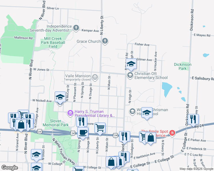 map of restaurants, bars, coffee shops, grocery stores, and more near 1411 North Liberty Street in Independence