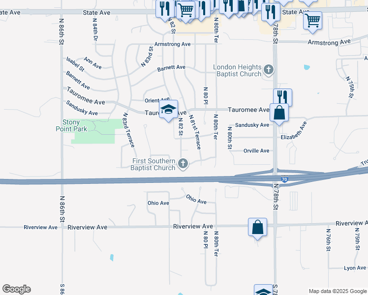 map of restaurants, bars, coffee shops, grocery stores, and more near 407 North 82 Street in Kansas City