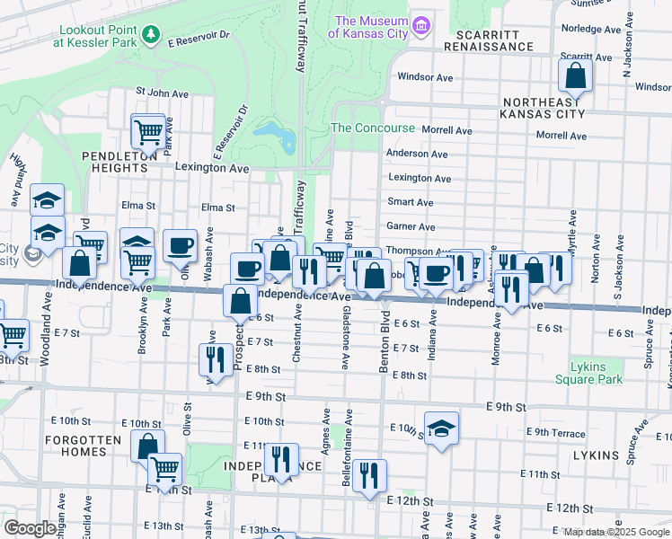 map of restaurants, bars, coffee shops, grocery stores, and more near 528 Gladstone Boulevard in Kansas City