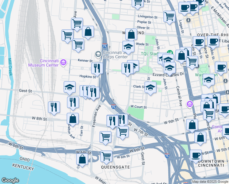 map of restaurants, bars, coffee shops, grocery stores, and more near 898 West Court Street in Cincinnati