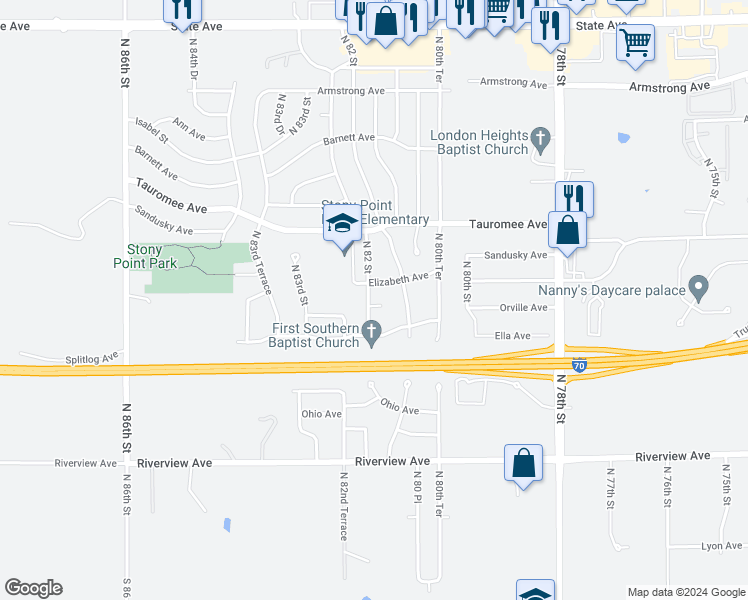 map of restaurants, bars, coffee shops, grocery stores, and more near 425 North 82nd Street in Kansas City