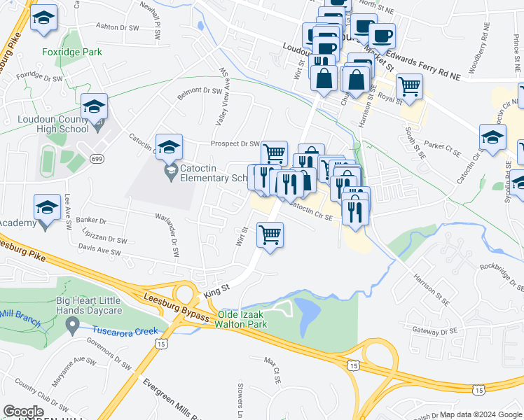 map of restaurants, bars, coffee shops, grocery stores, and more near 6 1st Street Southwest in Leesburg