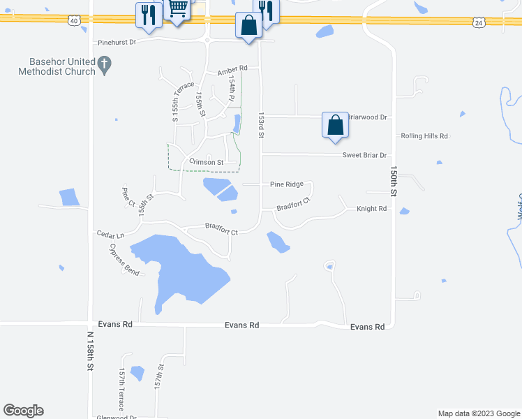 map of restaurants, bars, coffee shops, grocery stores, and more near 15383 Bradfort Court in Basehor