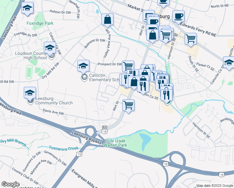 map of restaurants, bars, coffee shops, grocery stores, and more near 534 Crestwood Street Southwest in Leesburg