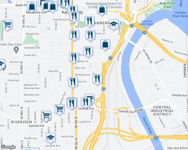 map of restaurants, bars, coffee shops, grocery stores, and more near Northrup Avenue & Orchard Street in Kansas City