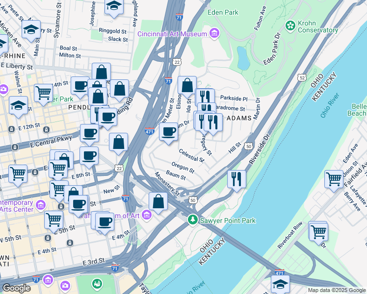 map of restaurants, bars, coffee shops, grocery stores, and more near 1059 Celestial Street in Cincinnati