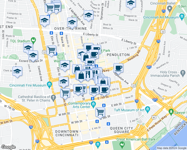 map of restaurants, bars, coffee shops, grocery stores, and more near in Cincinnati