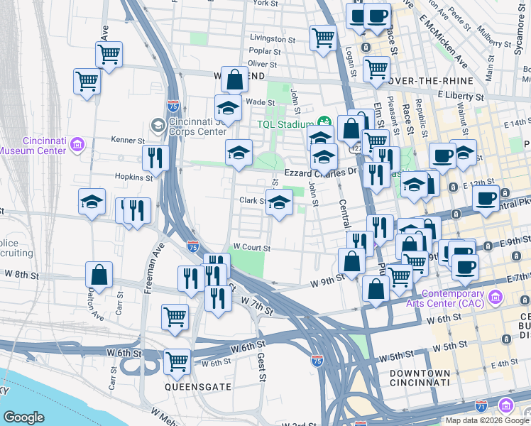 map of restaurants, bars, coffee shops, grocery stores, and more near 724 Elizabeth Street in Cincinnati