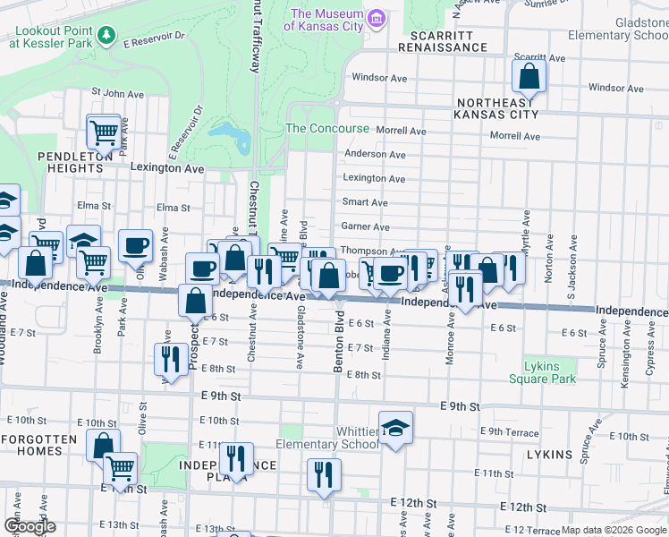 map of restaurants, bars, coffee shops, grocery stores, and more near 3008 Independence Avenue in Kansas City