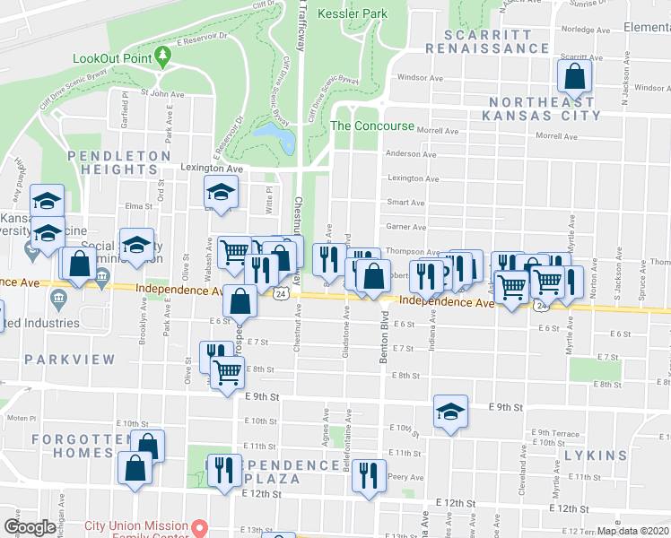 map of restaurants, bars, coffee shops, grocery stores, and more near in Kansas City