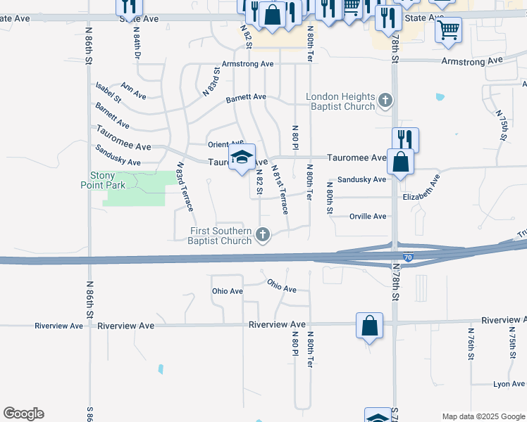 map of restaurants, bars, coffee shops, grocery stores, and more near 407 North 82 Street in Kansas City