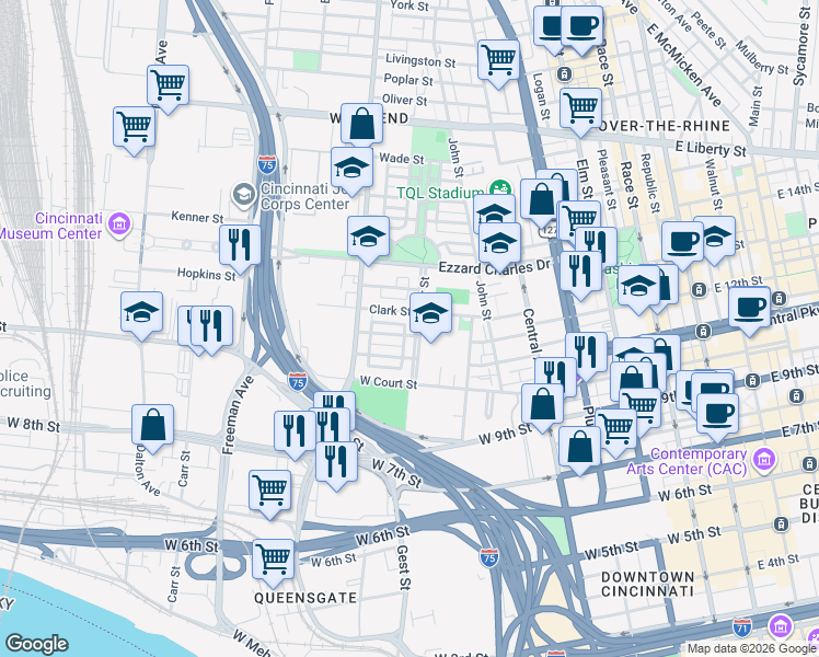 map of restaurants, bars, coffee shops, grocery stores, and more near 724 Elizabeth Street in Cincinnati
