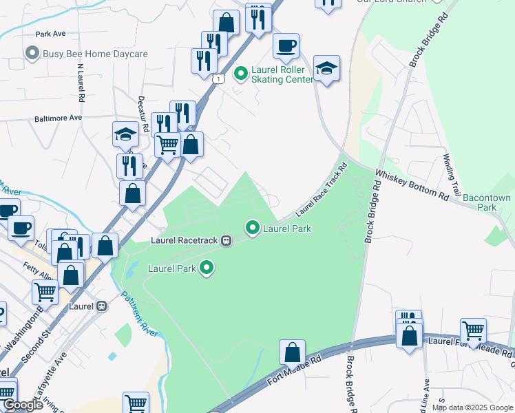 map of restaurants, bars, coffee shops, grocery stores, and more near 9981 -A Justify Run in Laurel