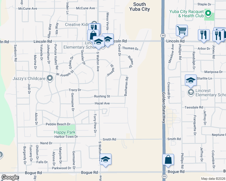 map of restaurants, bars, coffee shops, grocery stores, and more near 1536 Richards Way in Yuba City