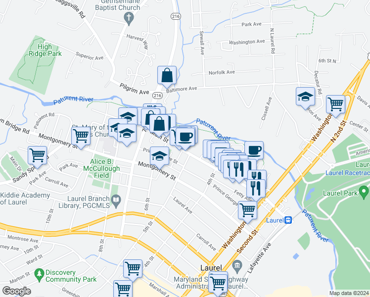 map of restaurants, bars, coffee shops, grocery stores, and more near 511 Main Street in Laurel