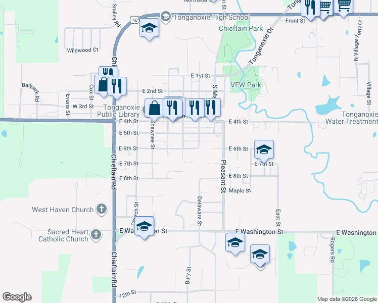 map of restaurants, bars, coffee shops, grocery stores, and more near 514 East 6th Street in Tonganoxie