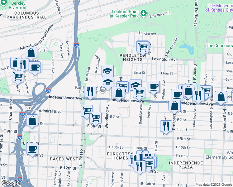 map of restaurants, bars, coffee shops, grocery stores, and more near 524 Maple Boulevard in Kansas City