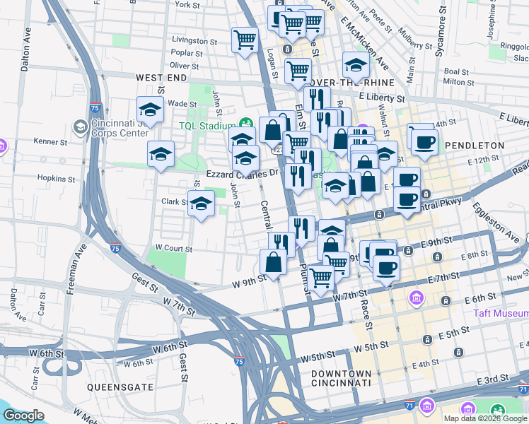 map of restaurants, bars, coffee shops, grocery stores, and more near 1219 West Central Parkway in Cincinnati