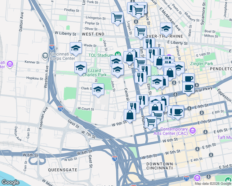map of restaurants, bars, coffee shops, grocery stores, and more near 415 Hopkins Street in Cincinnati