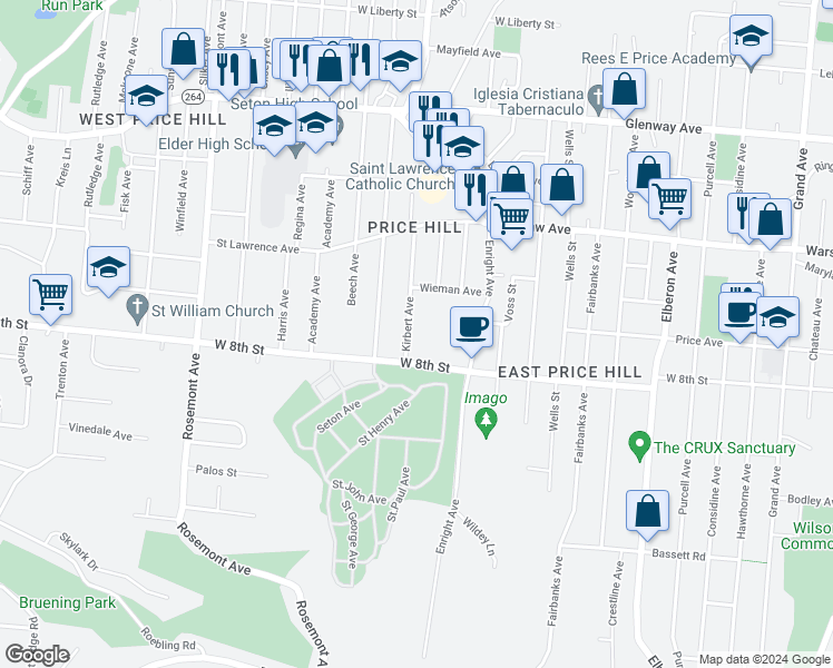 map of restaurants, bars, coffee shops, grocery stores, and more near 901 Kirbert Avenue in Cincinnati