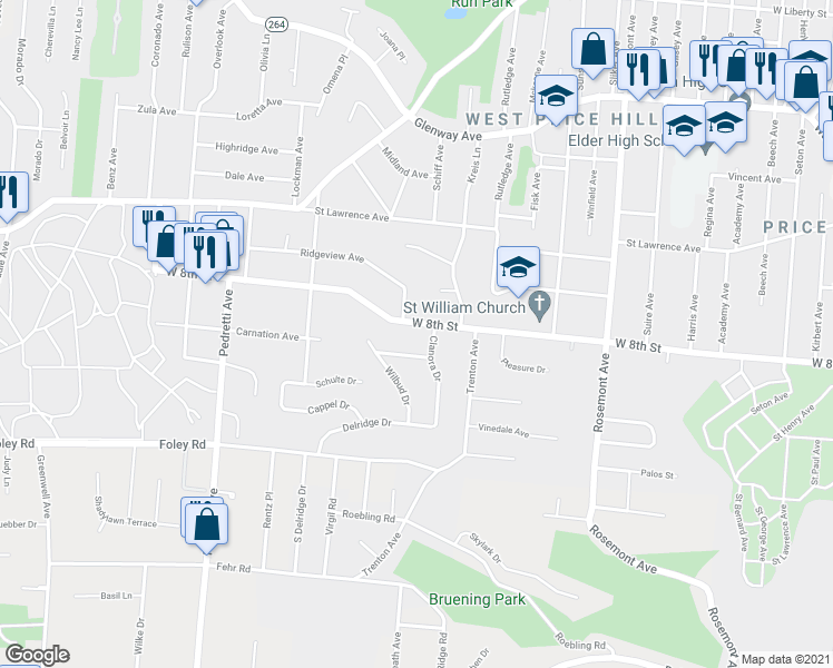 map of restaurants, bars, coffee shops, grocery stores, and more near 4248 West 8th Street in Cincinnati