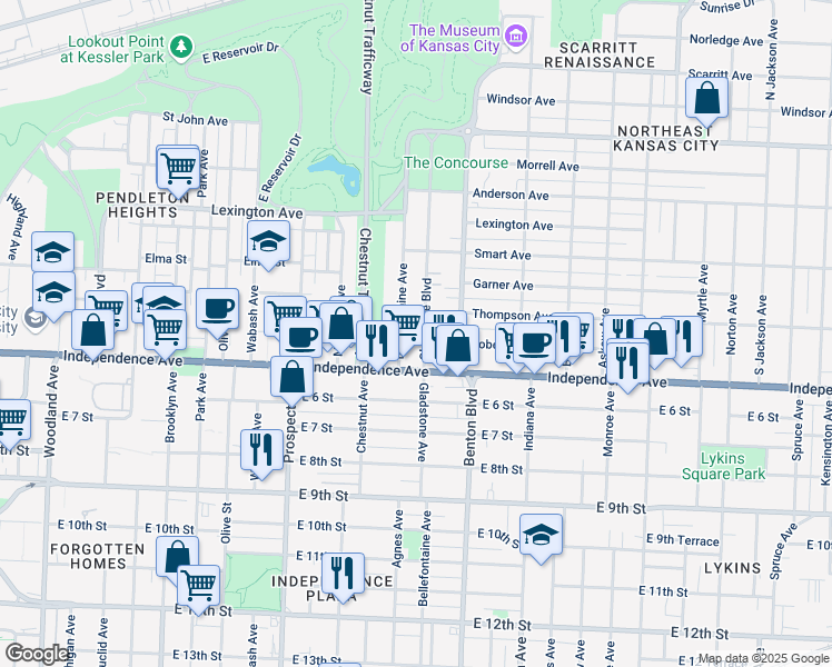 map of restaurants, bars, coffee shops, grocery stores, and more near 445 Bellefontaine Avenue in Kansas City