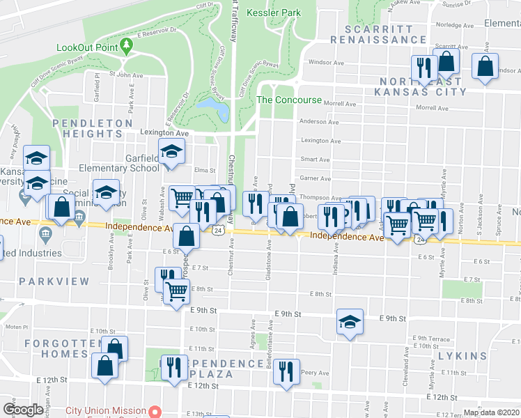 map of restaurants, bars, coffee shops, grocery stores, and more near 445 Bellefontaine Avenue in Kansas City