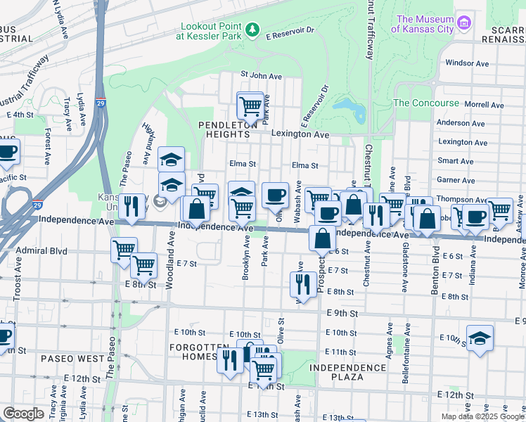 map of restaurants, bars, coffee shops, grocery stores, and more near 513 Park Avenue in Kansas City